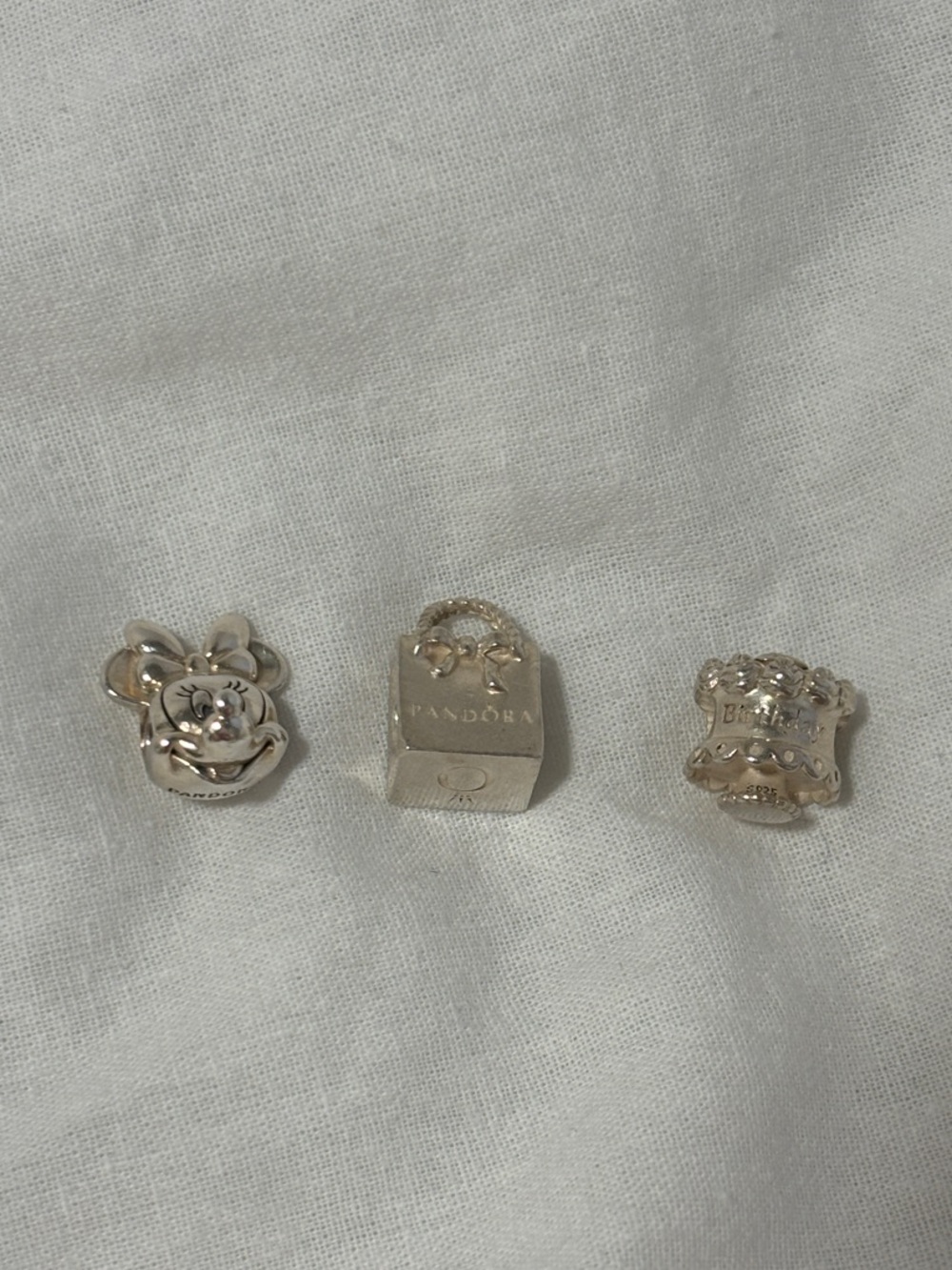 Pandora Silver Charm Set Minnie mouse Disney Shopping Bag & Happy Birthday Cake